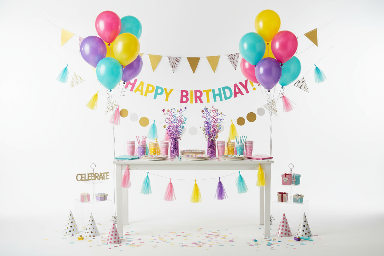 afmaelis bord med bollum diskum og balloon skreytingum barnaparty