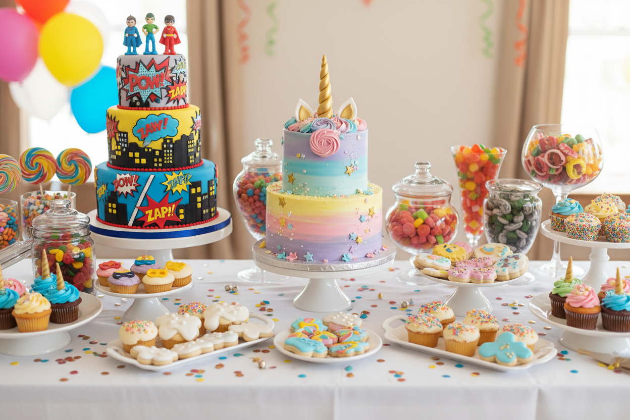 afmaelis bord med kokum bollakokum og saetindi barnaparty thema skreytingar candy table kids birthday party desserts