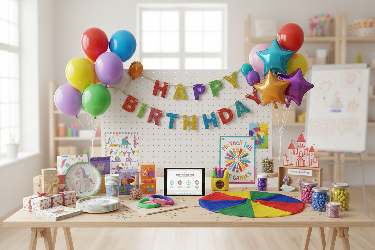barnaafmaeli leikir og skreytingar a bordi med balloona og afmaelisbord