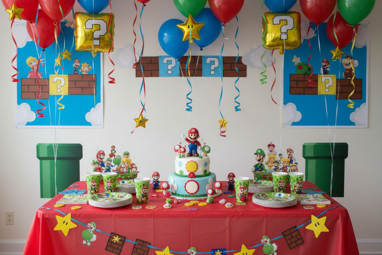 super mario afmaeli veisla drengur barnaafmaeli gaming skreytingar mario party