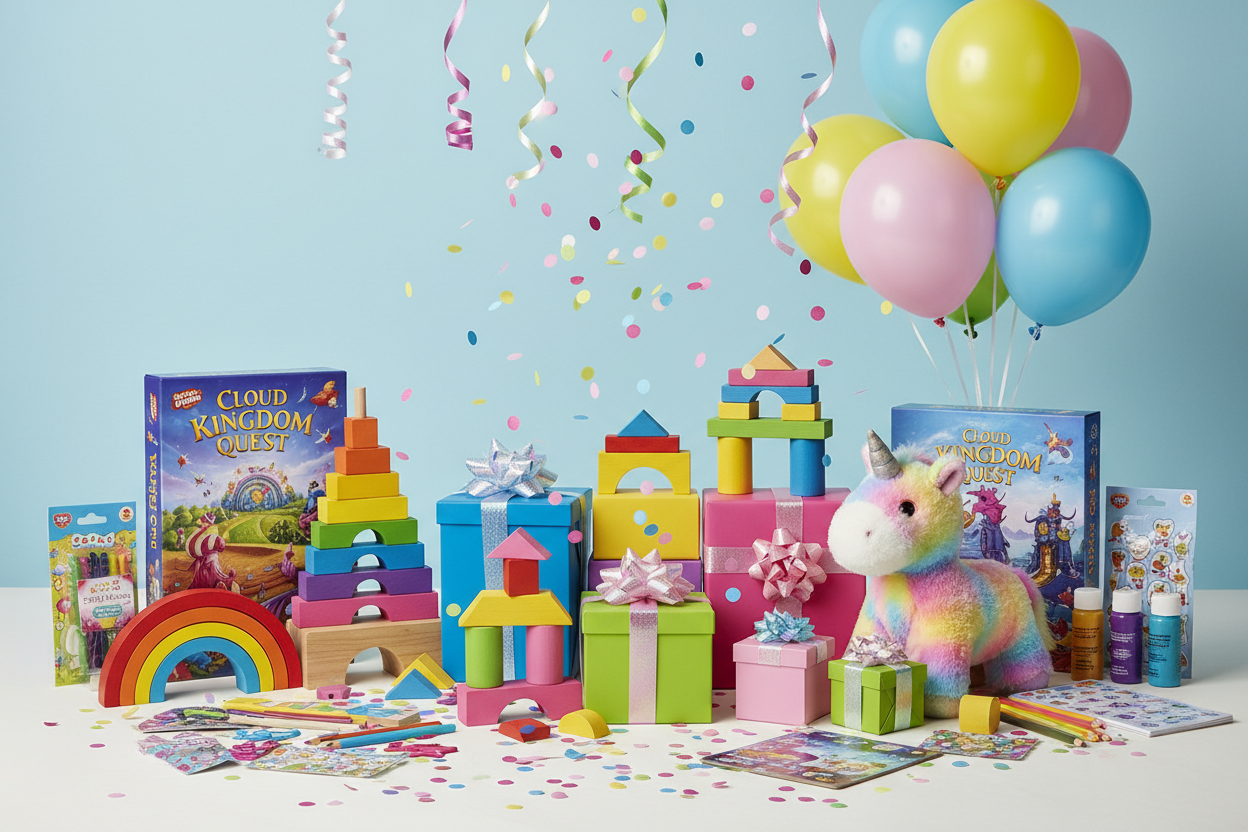 barnaafmaeli gjafir og leikfong a bordi krakkar og veisla