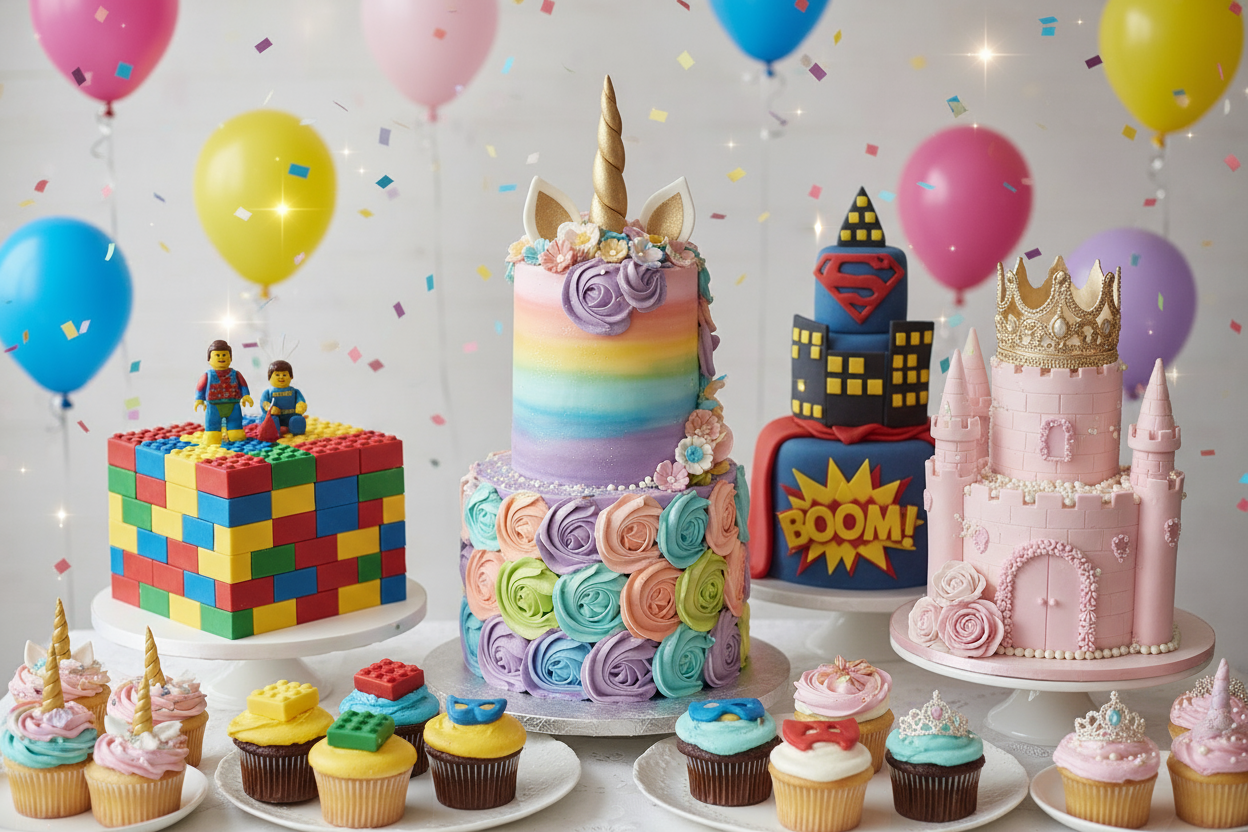 thema kokur unicorn prinsessa og superhero med bladrum og skreytingum barnaparty afmaeli thema kids birthday cakes decorations balloons