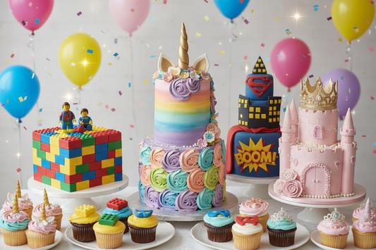 thema kokur unicorn prinsessa og superhero med bladrum og skreytingum barnaparty afmaeli thema kids birthday cakes decorations balloons