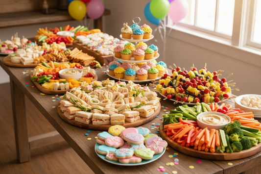 barnaafmaeli buffet bord med veitingum samlokum og avaxtum fyrir krakka