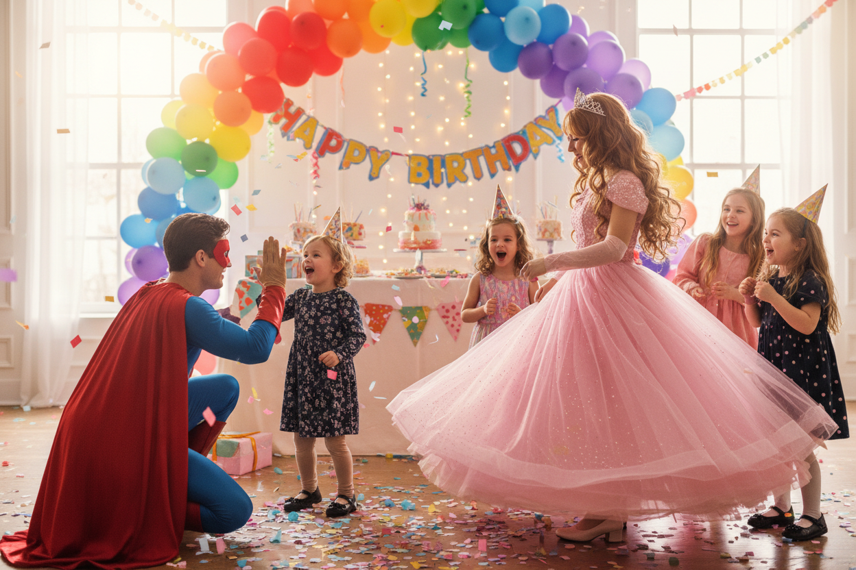 barnaafmaeli prinsessa og superhero skemmtun thema stelpa og krakkar