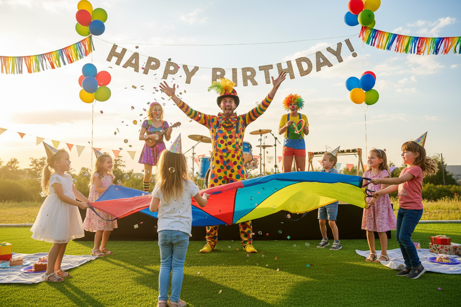 barnaafmaeli utandyra med leikjum og skemmtun krakkar med balloon
