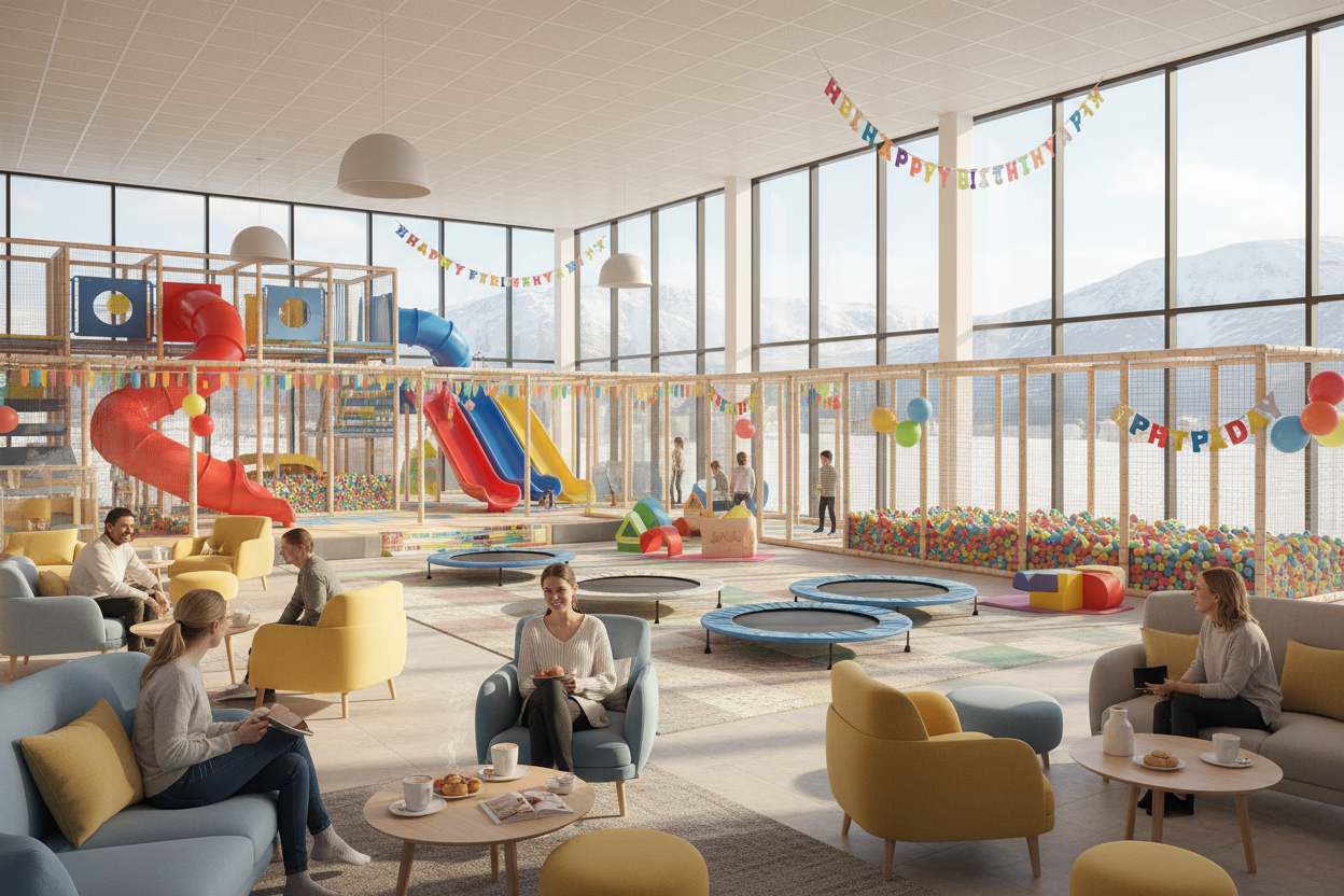 leikland innandyra med rennibrautum trampolinum og boltahafi barnaparty afmaeli leiksvadi kids indoor playground birthday party