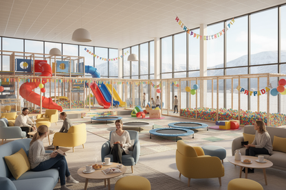 leikland innandyra med rennibrautum trampolinum og boltahafi barnaparty afmaeli leiksvadi kids indoor playground birthday party