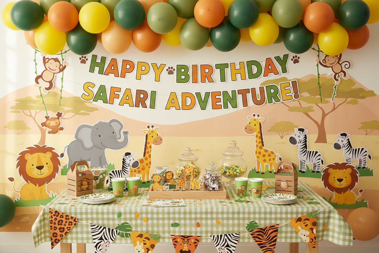 safari afmaeli veisla krakkar barnaafmaeli jungle dyr skreytingar lion giraffe
